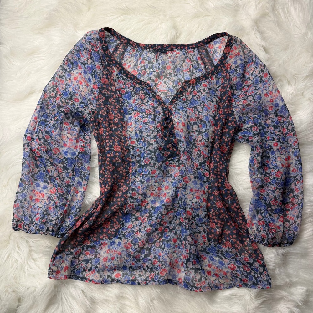 American Eagle Outfitters Navy Floral Sheer Blouse